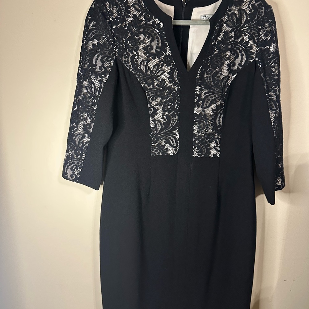 Eliza J Black Sheath Dress with V-Neck and 3/4 Sleeves
